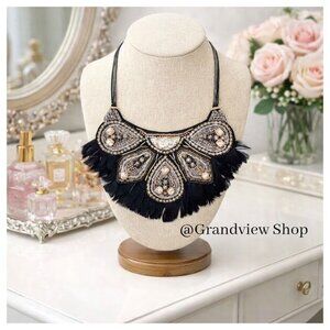 Stella & Dot Constantine Feather Statement Necklace Black